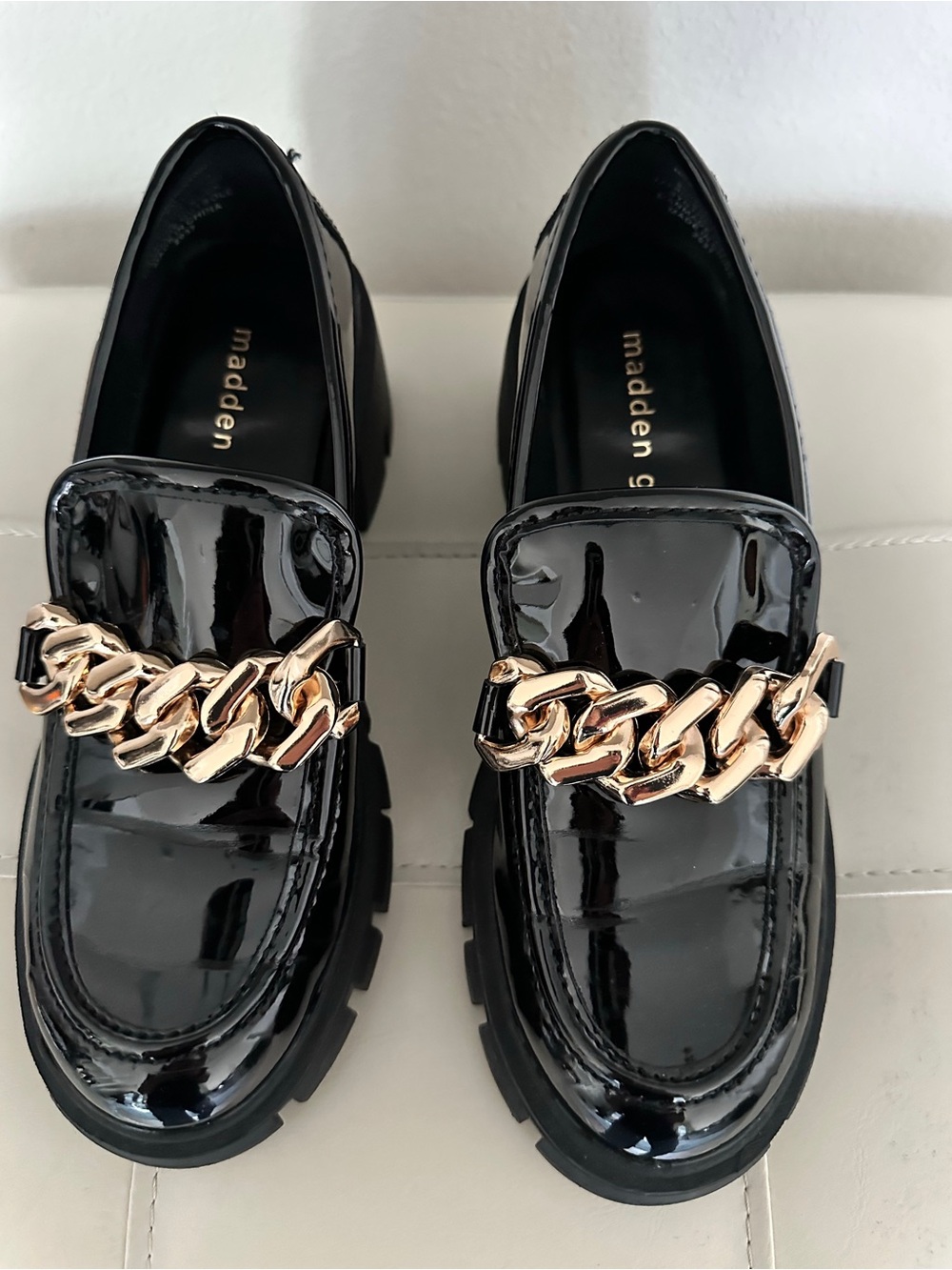 Madden Girl Black Patent Loafers with Gold Chain Trim